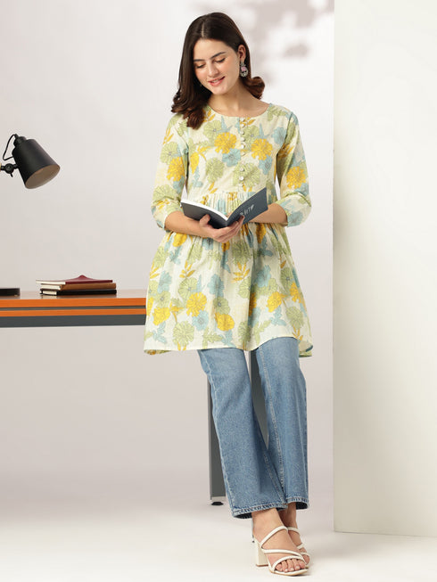 Off White Pure Cotton Floral Printed A-line Tunic